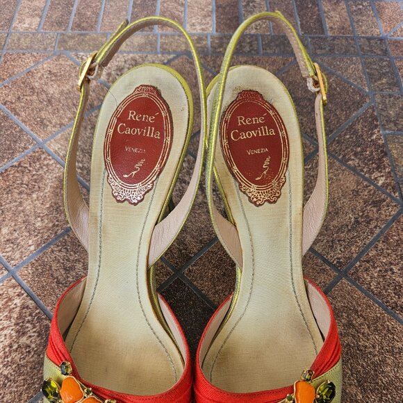 Rene Caovilla Size 37 1/2 Orange & Gold 4" Heels Made in Italy - Picture 1 of 7
